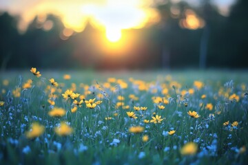 Fototapeta premium Tranquil meadow of yellow blooms beneath a gentle sky of blue and green during a cozy evening. Calm outdoors in spring and summer, framed by a faded wooded landscape. An ideal soothing view