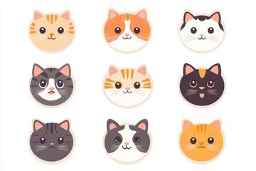 Fototapeta premium Charming cat face icon set: cute kittens, diverse breeds, color variations, unique patterns, and facial expressions. Playful cartoon figures. Delightful baby art. Simple layout on a bright backdrop