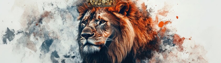 Naklejka premium Portrait of a lion with a crown of coins, power and wealth, watercolor style
