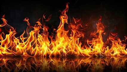 Fototapeta premium Fiery flames dancing on a dark background, fire, flames, heat, burning, glowing, hot, inferno, black, background, abstract