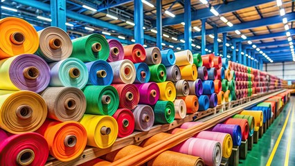 Colorful fabric rolls in a textile factory, textile, factory, colorful, fabric, rolls, vibrant, industry, manufacturing