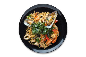 Thai Drunken Spaghetti (Spaghetti Kee Mao) with shrimp, squid and clams, stir-fried with spicy Thai flavor.
