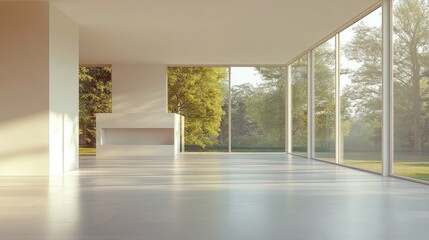 Fototapeta premium A modern, minimalist empty room with expansive windows letting in abundant natural light, highlighting the open space.