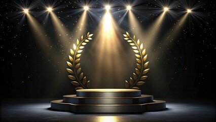 Obraz premium Black podium with gold award glittering under spotlight on a dark stage , black, podium, stage, gold award, glitter, light