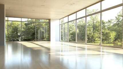 Obraz premium A modern, minimalist empty room with expansive windows letting in abundant natural light, highlighting the open space.