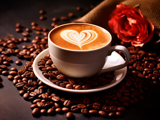 Obraz premium Coffee with foam and a heart on an appetizing graphic composition
