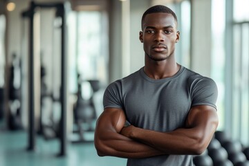 Naklejka premium Black Guy with Arms Crossed: Confident African American Man in Gym, Wearing Activewear