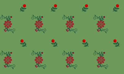 a detailed fabric pattern composed of shape designs,red flower,leaf on green background.

