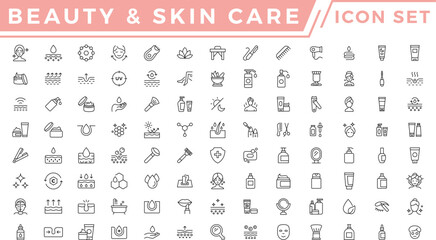 Skin care icon set. Wellness and body spa anti-aging, pore tightening, cosmetology, spa treatments, massage, hyaluronic acid, serum,  line icon collection. Cosmetics services and Spa line icons vector