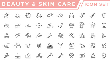 Skin care icon set. Wellness and body spa anti-aging, pore tightening, cosmetology, spa treatments, massage, hyaluronic acid, serum,  line icon collection. Cosmetics services and Spa line icons vector