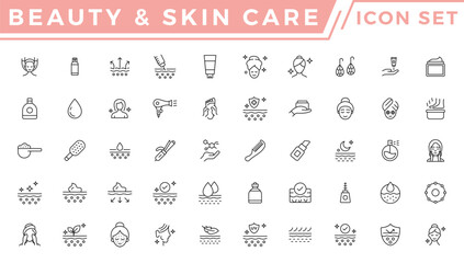 Skin care icon set. Wellness and body spa anti-aging, pore tightening, cosmetology, spa treatments, massage, hyaluronic acid, serum,  line icon collection. Cosmetics services and Spa line icons vector