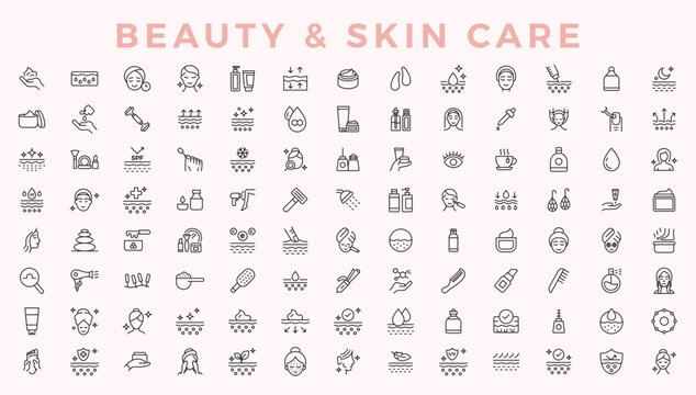 Skin care icon set. Wellness and body spa anti-aging, pore tightening, cosmetology, spa treatments, massage, hyaluronic acid, serum,  line icon collection. Cosmetics services and Spa line icons vector