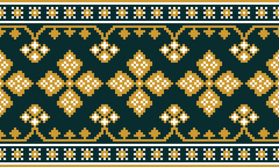 a detailed fabric pattern composed of pixel designs ,dark yellow flowers ,dark yellow and white square on dark green background.