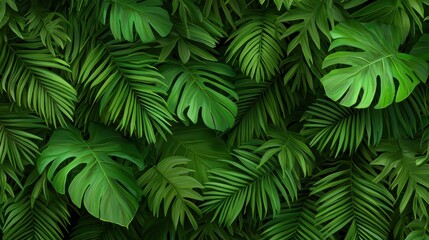 A lush green background featuring a dense arrangement of tropical leaves, perfect for nature-themed projects and designs.