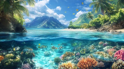 Naklejka premium A tropical island paradise with a vibrant coral reef visible beneath the clear, shallow waters.