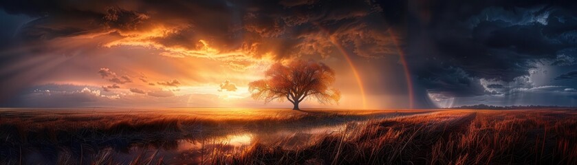 Fototapeta premium Storm aftermath with dramatic skies and a rainbow breaking through, creating a sense of renewal, Realism, HDR, Detailed