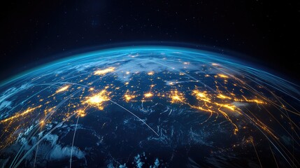 A network of glowing lines connecting global business hubs on a digital globe.