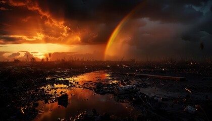 The aftermath of a powerful storm, with debris scattered and a rainbow appearing, symbolizing hope, Realism, HDR, Detailed