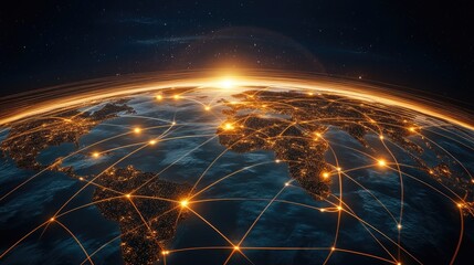 A network of glowing lines connecting major business hubs around the world.