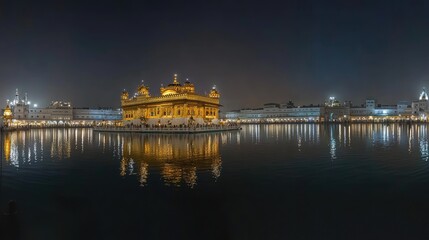 A panoramic view of the Golden Temple in Amritsar, with its shimmering reflection in the sacred pool at night.