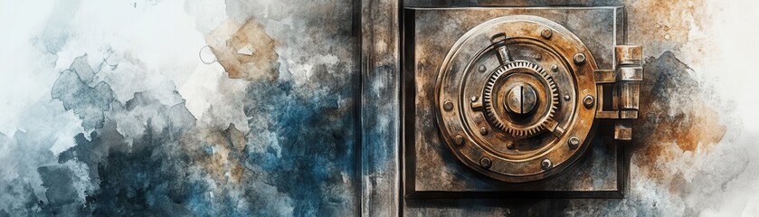 Fototapeta premium Safe door with complex lock, guarding treasure, watercolor style