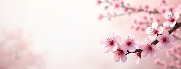 Obraz premium Cherry blossoms delicately blooming on branch against soft pink background with copy space