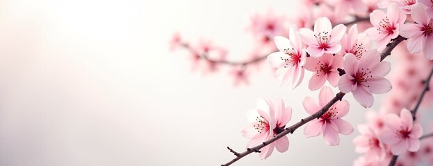 Obraz premium Cherry Blossoms Delicately Blooming on Branch Against Soft Background with Copy Space