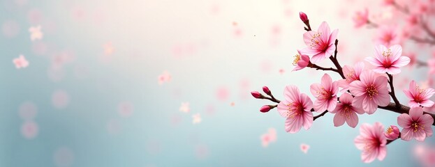 Fototapeta premium Cherry Blossoms Delicately Blooming Representing Spring Renewal Against Soft Blue Background with Copy Space