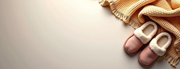 Cozy slippers and warm blanket in soft tones with copy space