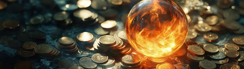 Glowing orb surrounded by coins, mystical wealth, watercolor style