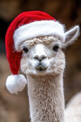 Obraz premium Christmas Alpaca in Andes: Festive White Alpaca with Santa Claus Hat, Symbol of Bolivia and Peru