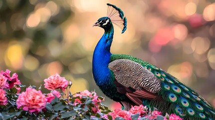Fototapeta premium A stunning peacock displaying its vibrant feathers amidst blooming roses, showcasing nature's beauty and color.