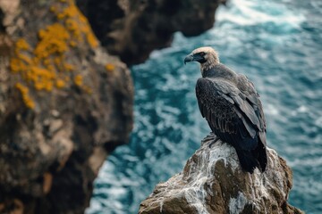 Eagle And Condor. Majestic Andean Condor perched on rocky cliff in natural habitat