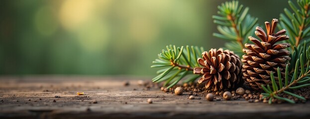 Pine cones and branches with serene beauty against blurred forest background with copy space
