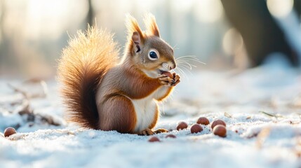 Squirrel Eating Nut in Winter Wonderland