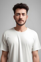 Obraz premium a photo of an isolated male, man, fashion model, wearing a blank white t-shirt, clothing, casual, apparel, style, portrait, clean, simple, minimalist, plain, outfit, torso, top, photography, studio