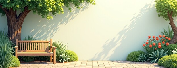 Obraz premium Serene garden bench with vibrant foliage against sun-dappled wall with copy space