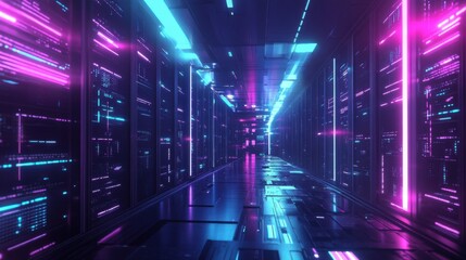 Fototapeta premium Digital Future: Glowing Servers and Holographic Displays in Futuristic Data Center, 3D Illustration