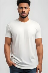 a photo of an isolated male, man, fashion model, wearing a blank white t-shirt, clothing, casual, apparel, style, portrait, clean, simple, minimalist, plain, outfit, torso, top, photography, studio