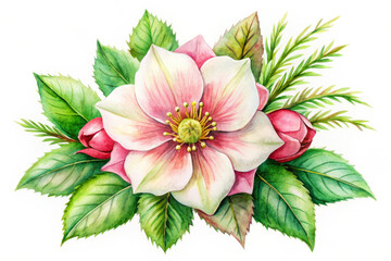 Watercolor illustration of a pink and white hellebore flower with green leaves.