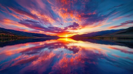 A picturesque sunset over a calm lake, with the vibrant colors of the sky mirrored in the still waters, creating a perfect moment of peace and reflection.