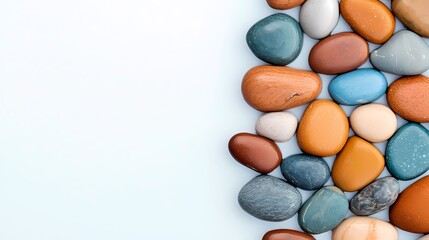 Fototapeta premium Colorful pebbles arranged artfully on a light background, perfect for natural decor or environmental themes.
