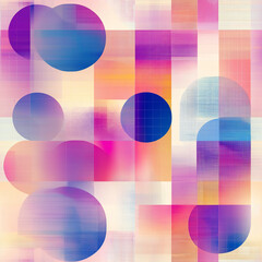 Naklejka premium Abstract geometric pattern with vibrant circles and rectangles in various shades of pink, blue, and yellow. The overlapping shapes create a lively and energetic visual effect, ideal for modern designs