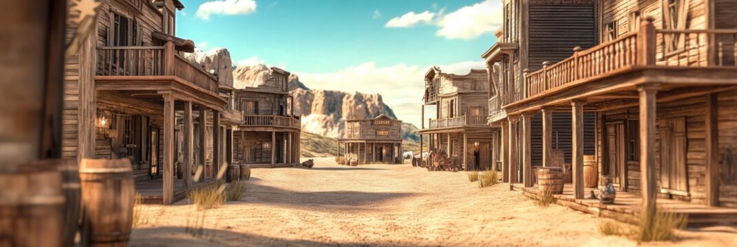 Wild West Decor. Vintage Cowboy House in Far Western Background