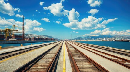 Fototapeta premium Blue-Sky Horizon. Industrial Harbor and Railroad Tracks in Sunny Barcelona Landscape
