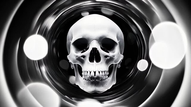 A black and white human skull, surrounded by swirling, abstract light patterns. X-ray scull. Logo, intro, halloween background