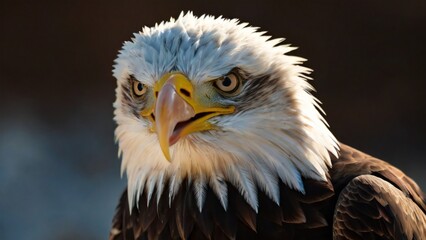 Obraz premium A close-up of a majestic eagle, showcasing its detailed feathers and piercing gaze against a blurred background.
