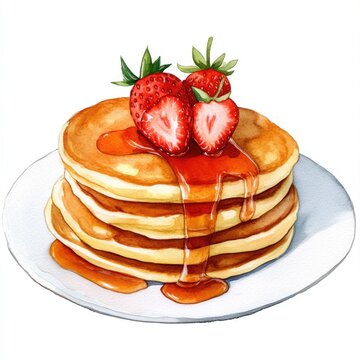 recommend clip art: Delicious Pancakes Clipart. Souffle Pancakes with Sweet Strawberry Syrup in Watercolor Style