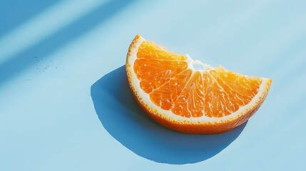 Isolated orange slice on a light blue background. Fresh and vibrant.