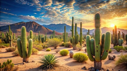 Desert landscape with cactus on background, desert, cactus, arid, dry, succulent, isolated, plants, nature, prickly, spiky, southwest